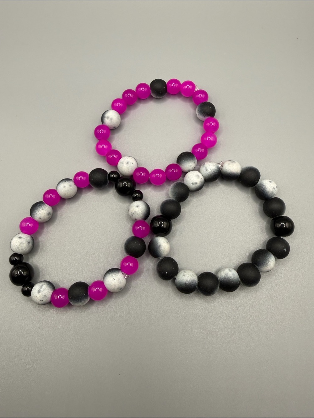 Bead Stretch Bracelet Set - Hot Pink, Black & Speckled Gray - Handmade #B0702C
